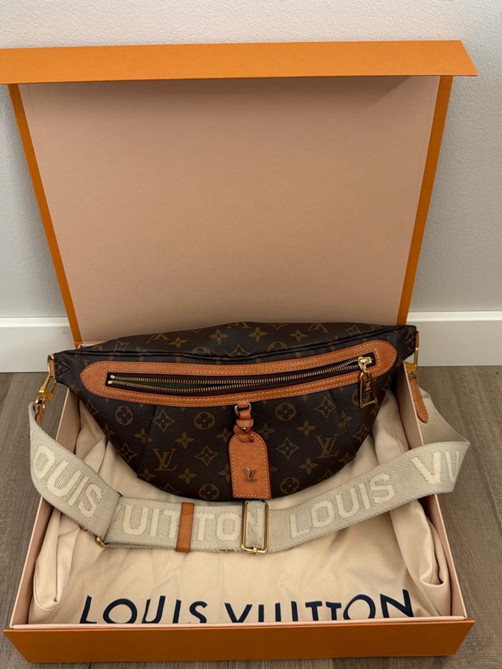 Louis Vuitton Monogram Canvas Belt Bag with Beige Strap